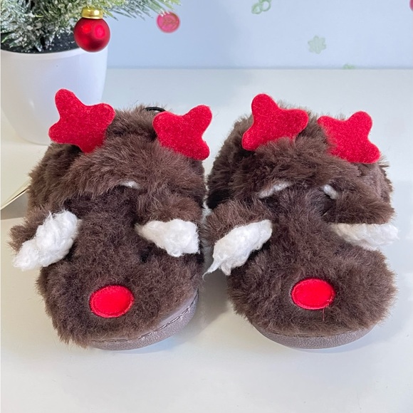 Toddler Festive Reindeer Slippers ~ Plush w/ Hook & Loop Closure ~ SZ 5 - Picture 2 of 10